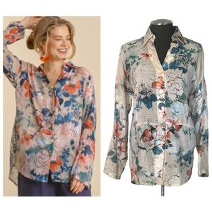 Umgee – Floral Sheer Cotton Blend Button-Down Blouse – Medium